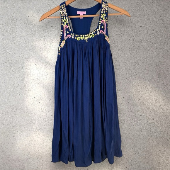 Lilly Pulitzer Women's Embellished Lorna Dress Trapeze Swing Mini Beaded Navy XS - Picture 3 of 8